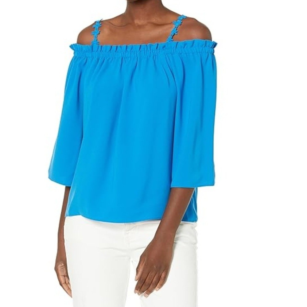 Trina Turk Womens Off The Shoulder Blue Blouse Crochet Straps XL
